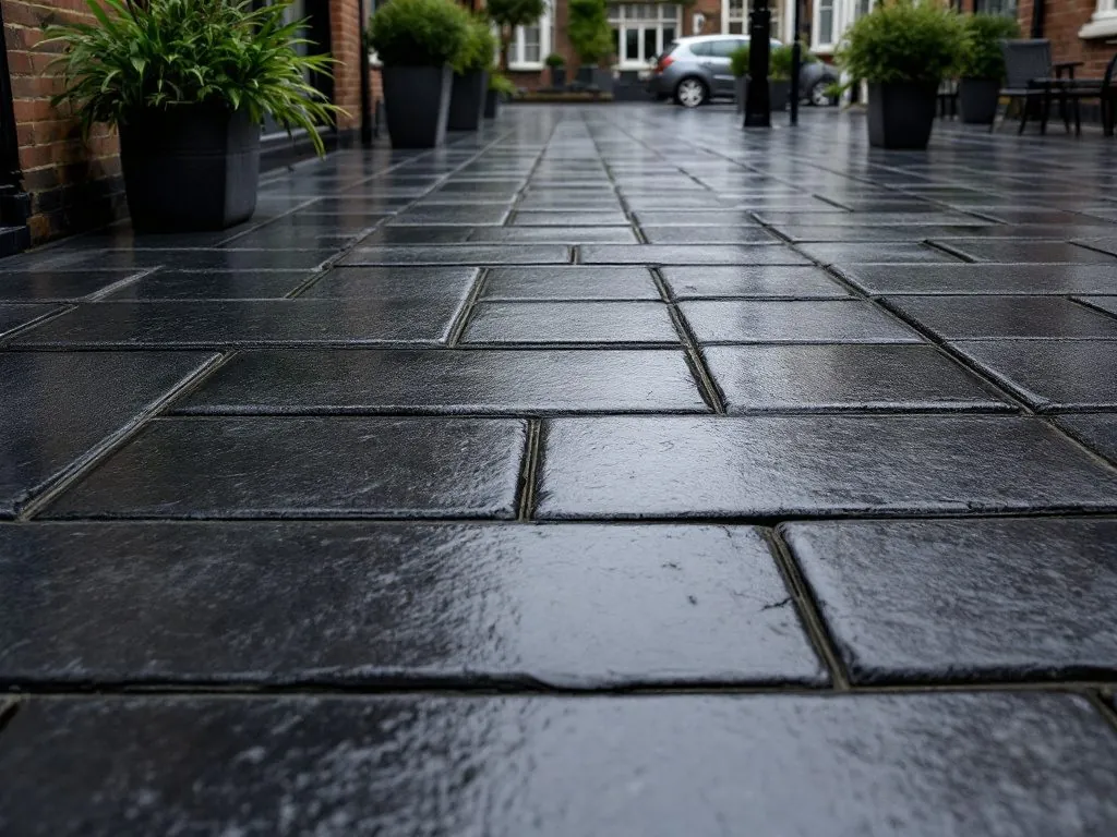 Dark basalt setts on a wet courtyard beside a house
