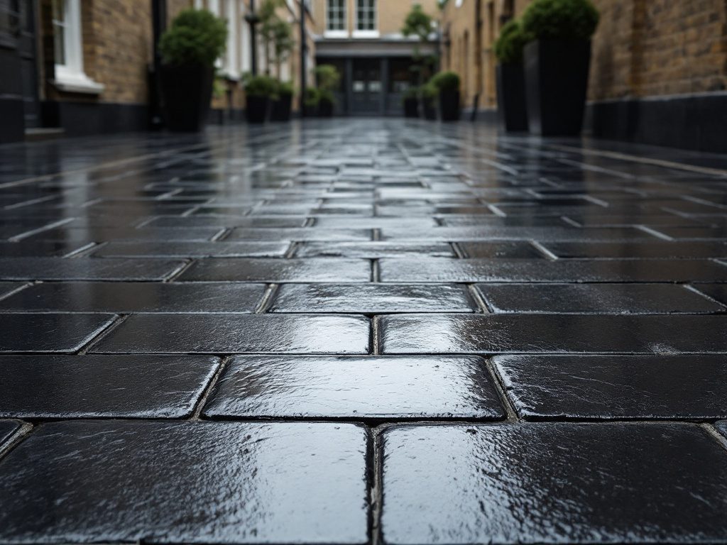 Black basalt setts laid in a wet courtyard