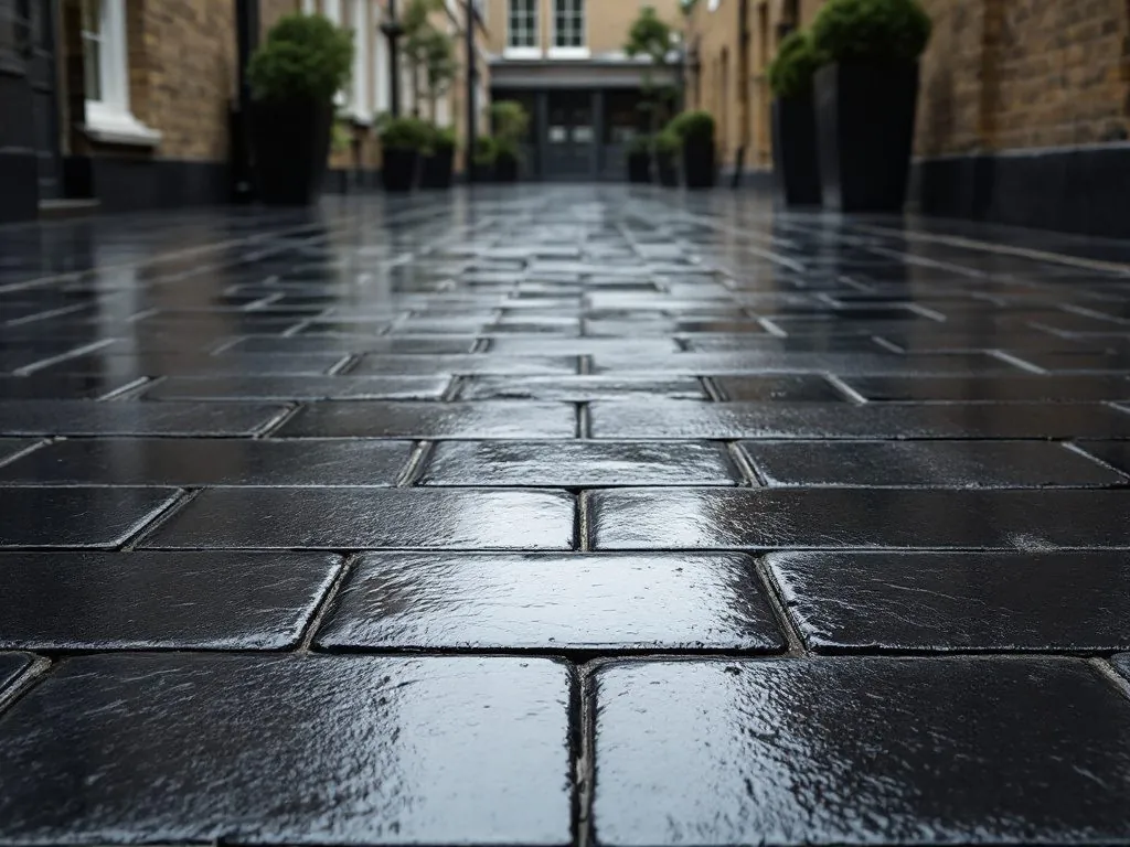 Black basalt setts laid in a wet courtyard