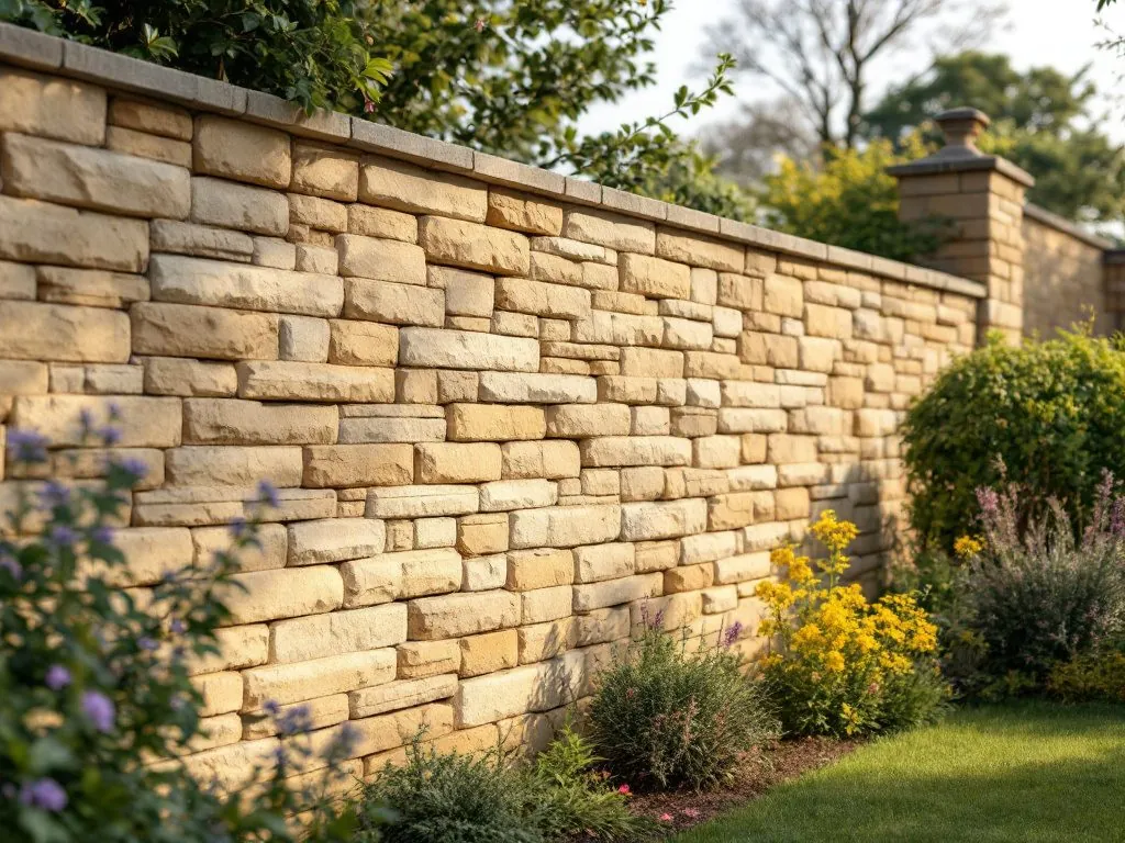 A buff sandstone garden wall laid in coursed split-face walling