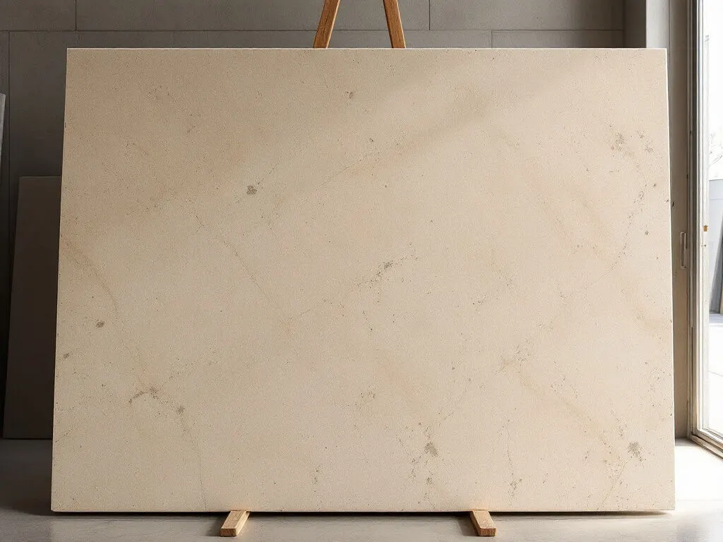 Honed beige limestone slab leaning on an A-frame