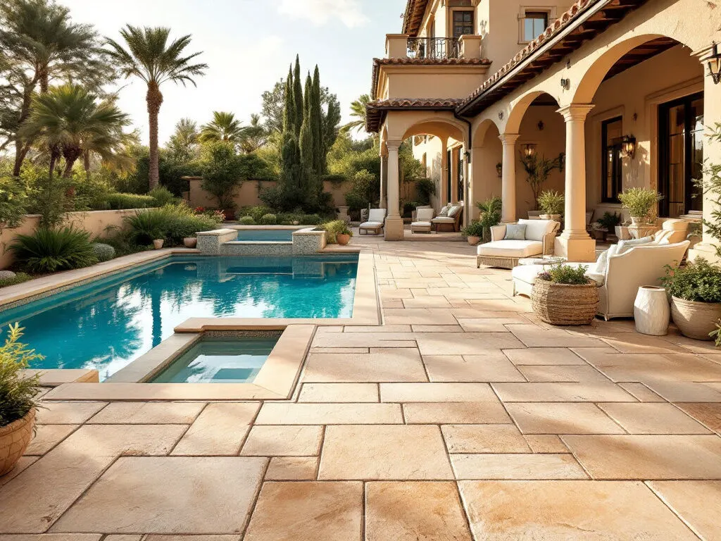 Tumbled travertine pavers around a swimming pool terrace