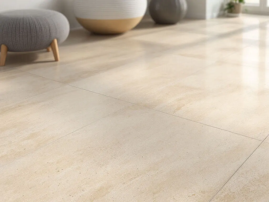 Honed light beige travertine floor tiles in a bright interior