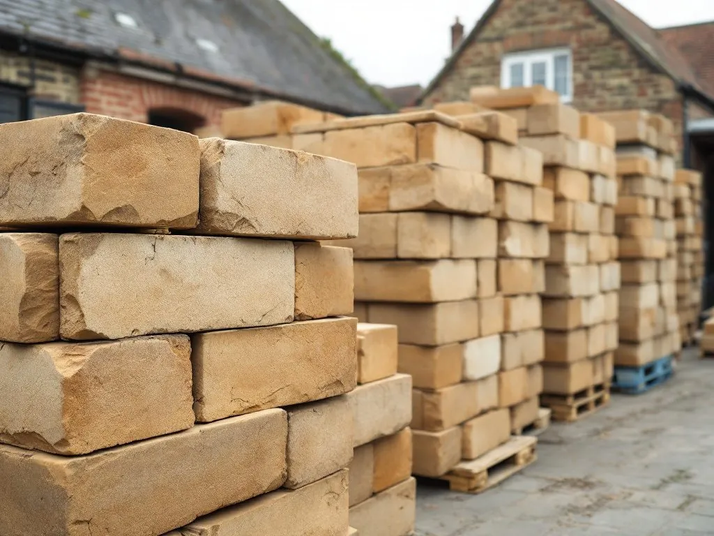 Buff sandstone walling blocks with split faces stacked on pallets in a stone yard