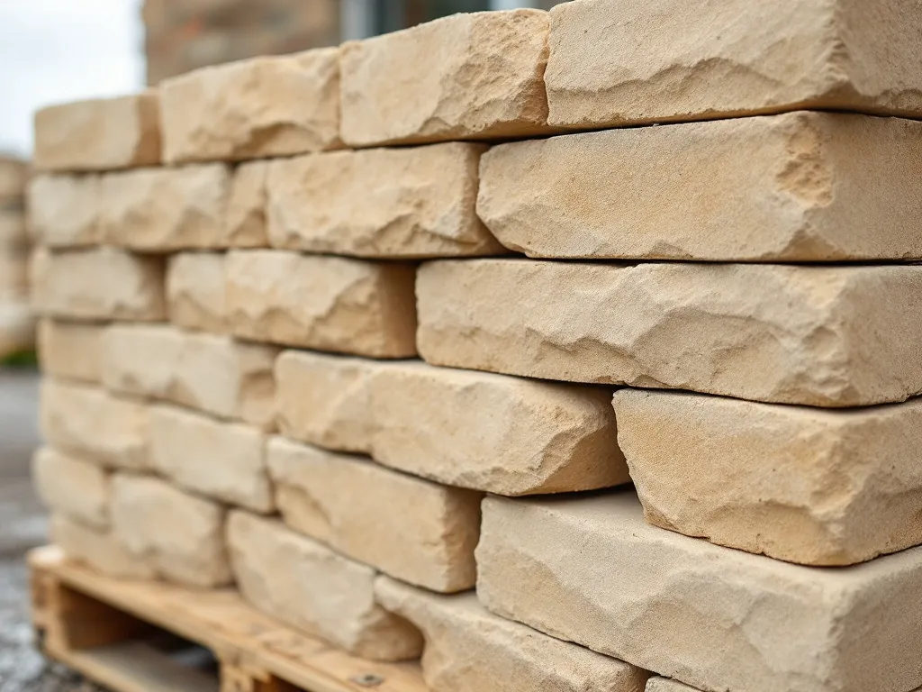 Tumbled buff sandstone walling blocks with softened edges, stacked on a pallet